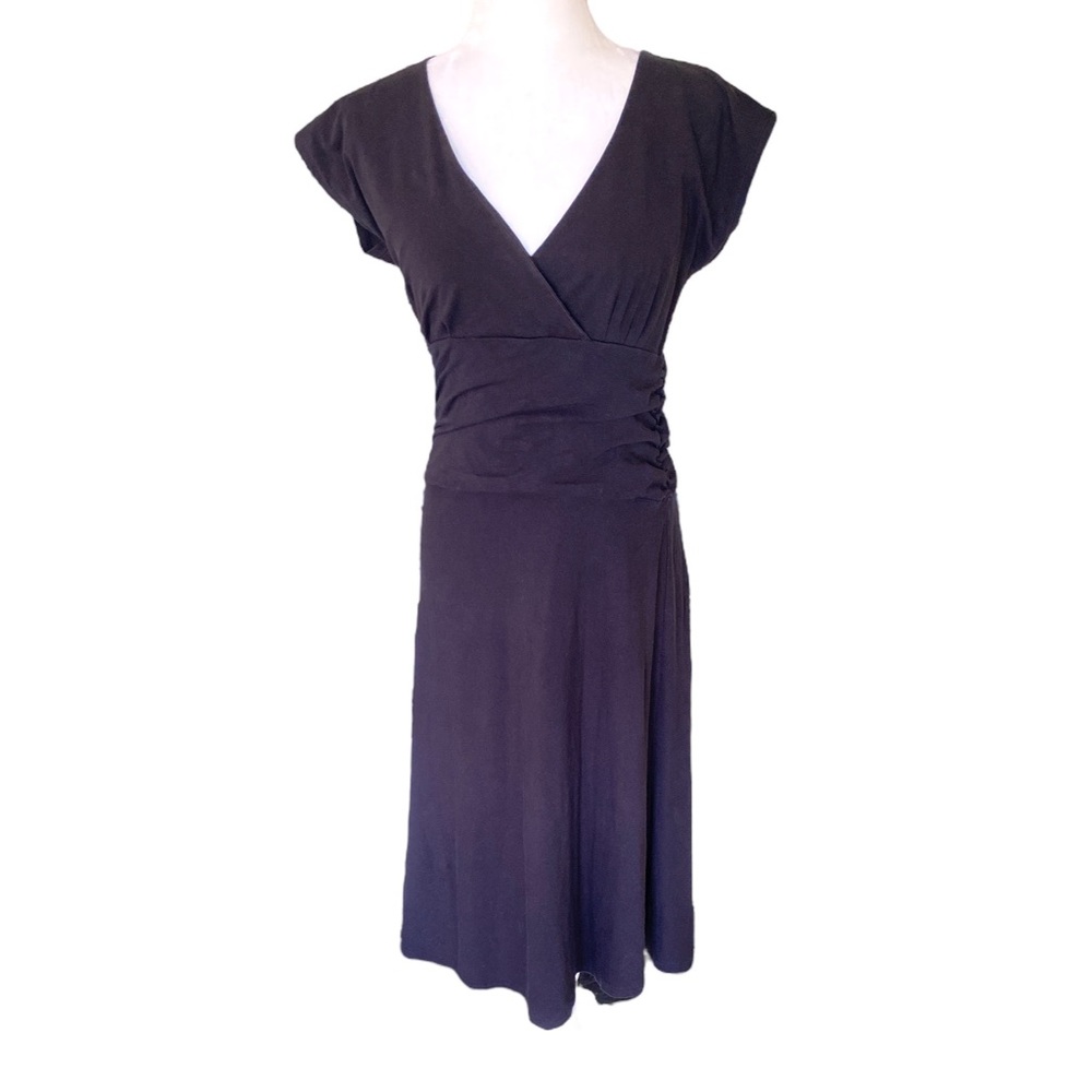 Lilla P Black Faux Wrap Ruched Waist Midi Dress - M